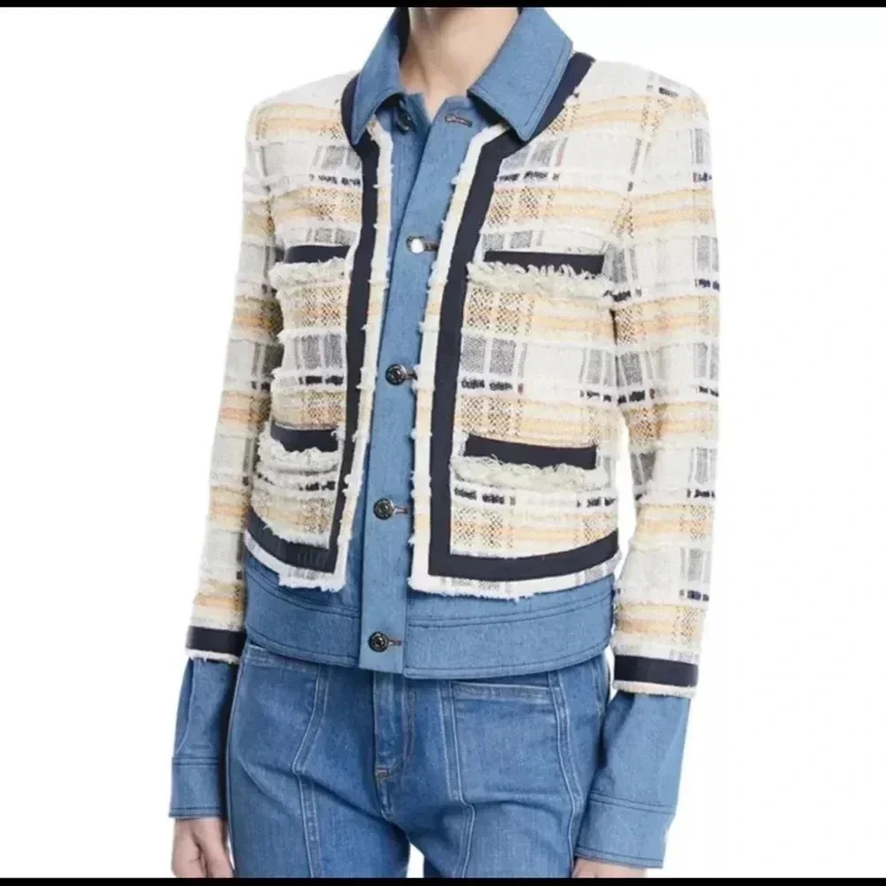 Veronica Beard Santiago Button Front Tweed Denim Jacket Womens Size 0